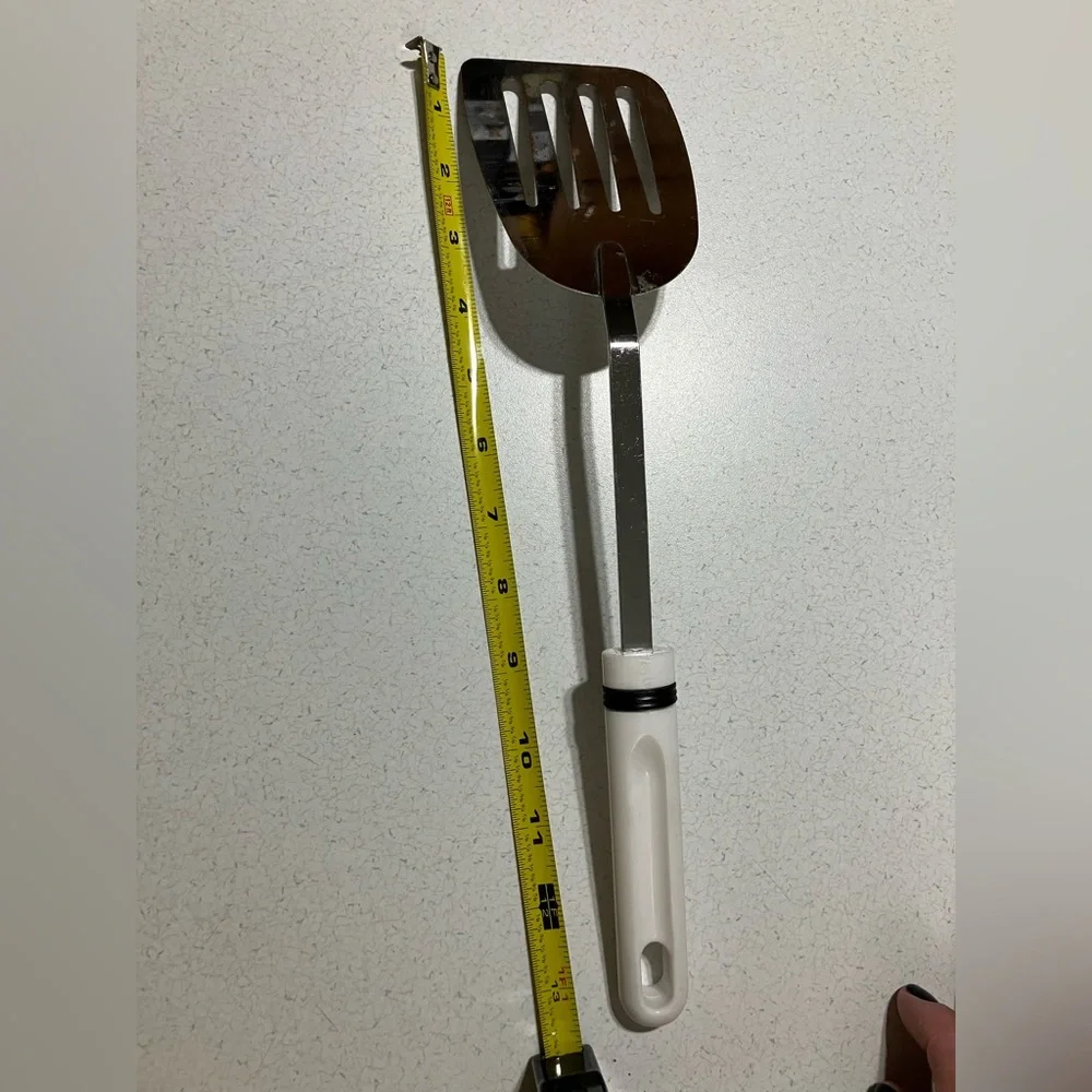Slotted Metal Spatula Turner Flipper White Melamine Handle 13.5” Vintage